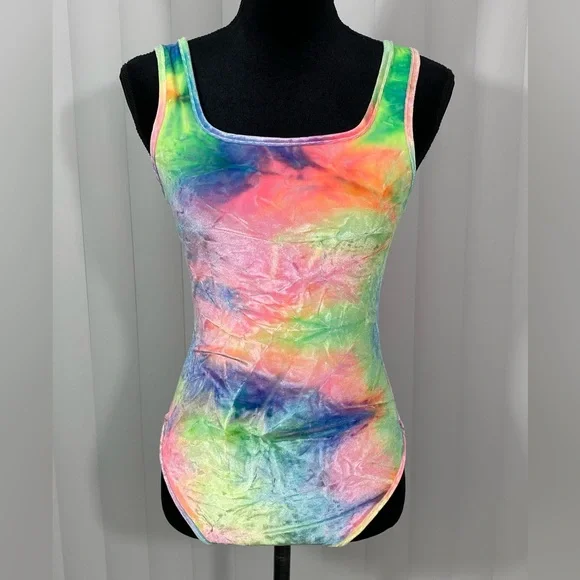 IHEARTRAVES Tie Dye Velour Zip Up Rave Dance Bodysuit Leotard Multicolor Small - Picture 8 of 13